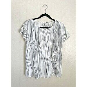 H Halston Blouse Womens Size Medium Short Sleeve Front Ruffle Striped Business